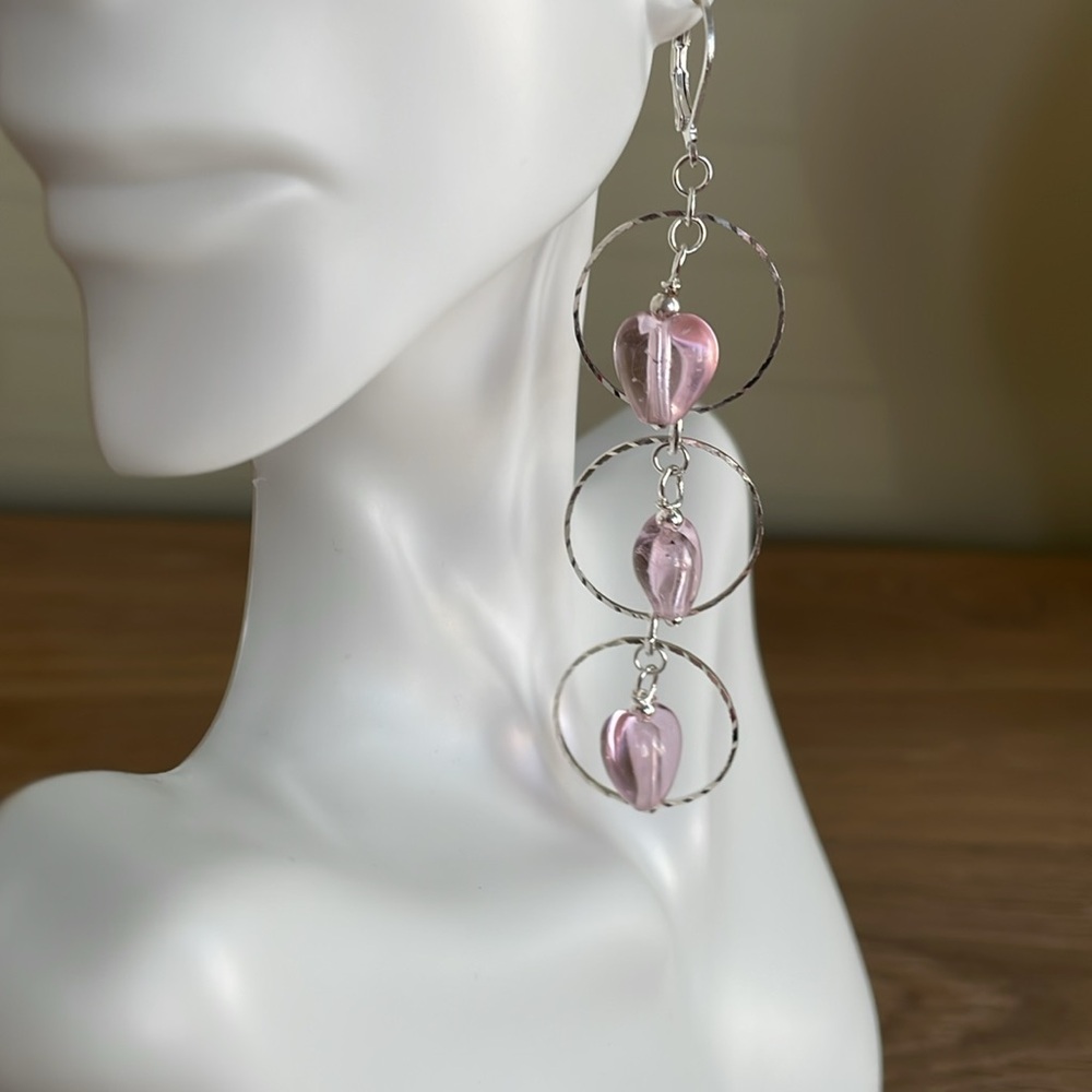 HAND CRAFTED EARRINGS Pink Hearts Silver Rings Drop Dangle Valentine’s Day - Picture 4 of 12
